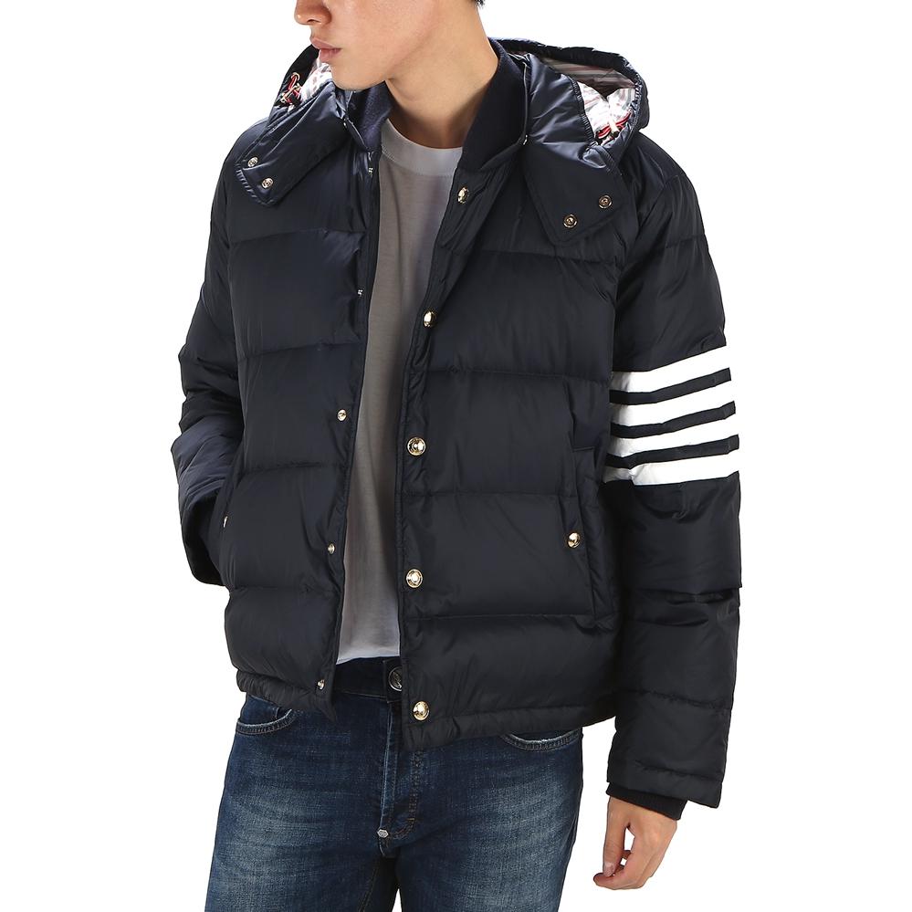 Cheap Thom Browne TB Logo 印花條紋連帽羽絨外套 深藍色 MJD061X-05411-415