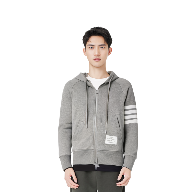 Details for 톰브라운 TB SS22 클래식 4-바 스트라이프 드로스트링 후디 가디건 자켓 그레이 남성용 JM-MJT022H-00535-068