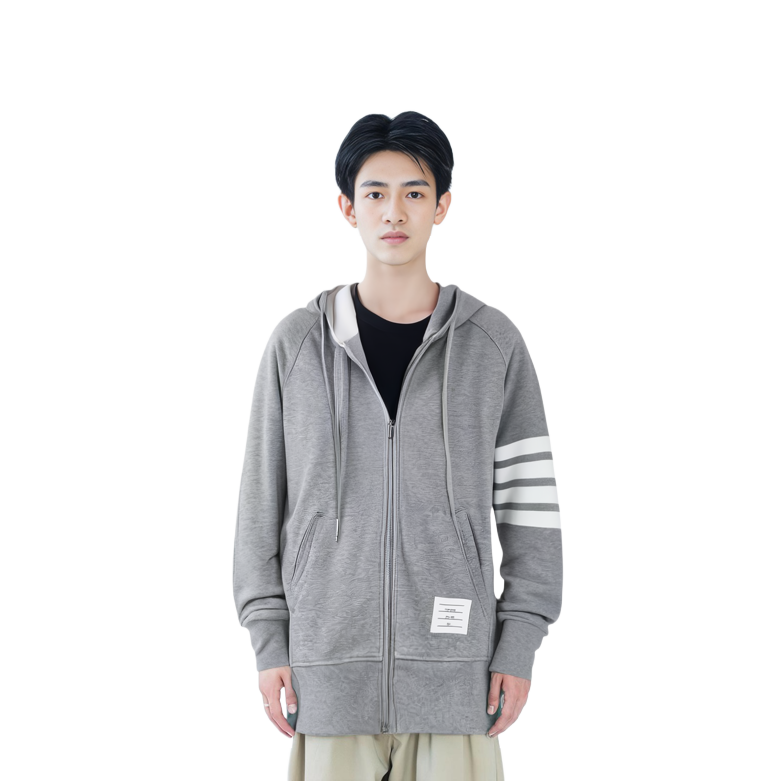 Sizing 톰브라운 TB SS22 클래식 4-바 스트라이프 드로스트링 후디 가디건 자켓 그레이 남성용 JM-MJT022H-00535-068