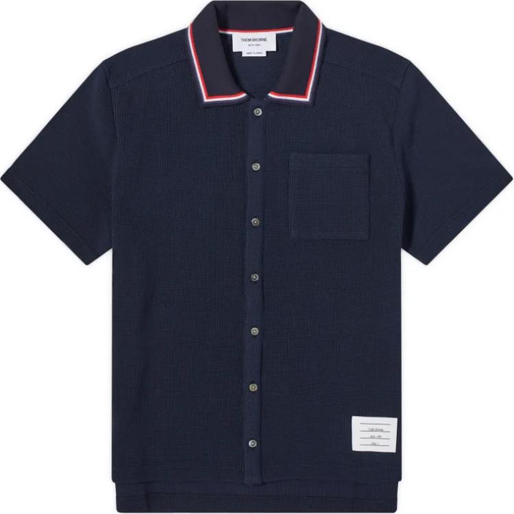 THOM BROWNE Textured Cotton Polo Short Sleeve Shirt Navy Blue  Top. MJS241A-J0114-415