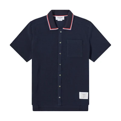 THOM BROWNE Textured Cotton Polo Short Sleeve Shirt Navy Blue Top. MJS241A-J0114-415