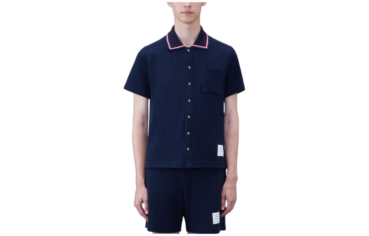Order THOM BROWNE Polo Lengan Pendek Katun Tekstur Navy Biru. MJS241A-J0114-415