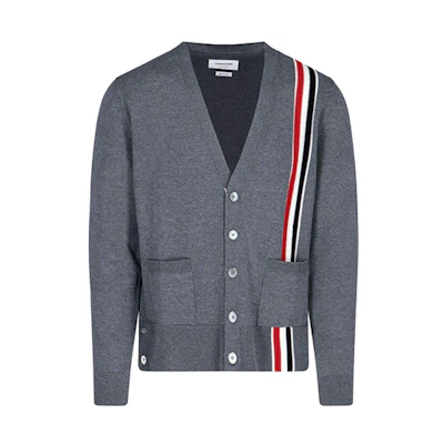 THOM BROWNE Tricolor Striped Wool V-Neck Sweater Grey MKC288A-00014-035