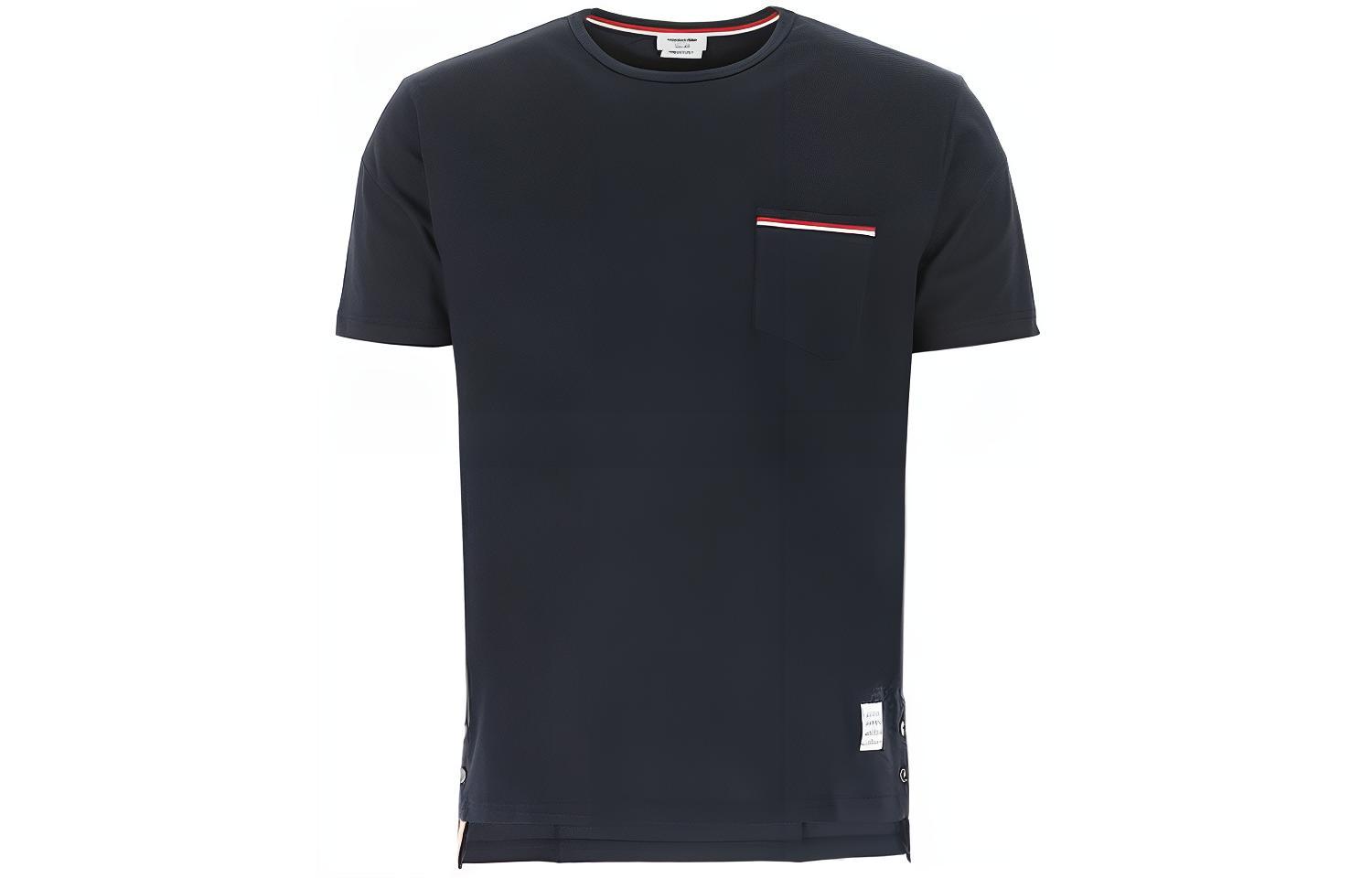 THOM BROWNE Tricolour Accent Satin Pocket T-shirt Navy Blue Summer MJS010A-01454-415