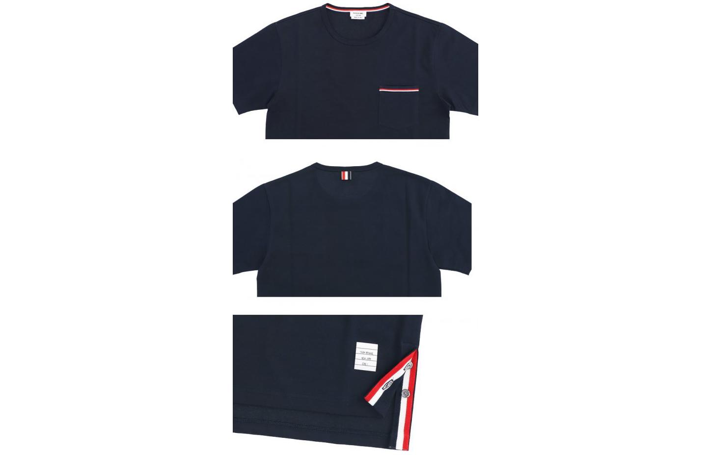 Shop トムブラウン トリコロールアクセント サテンポケットTシャツ ネイビー 夏用 MJS010A-01454-415