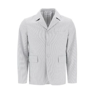 Thom Browne V-Neck Stripe Print Buttoned Long-Sleeve Jacket White/Grey MJU471H-F0591-035