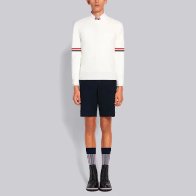 Thom Browne Sweater Rajut Katun Putih Classic Stripe Crewneck. MKA326A-Y3001-100 Details for Thom Browne Sweater Rajut Katun Putih Classic Stripe Crewneck. MKA326A-Y3001-100