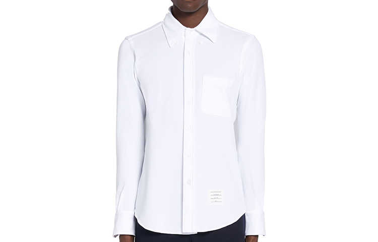 THOM BROWNE White Long Sleeve Piqué Shirt with Satin Label MWL272A-00050-100