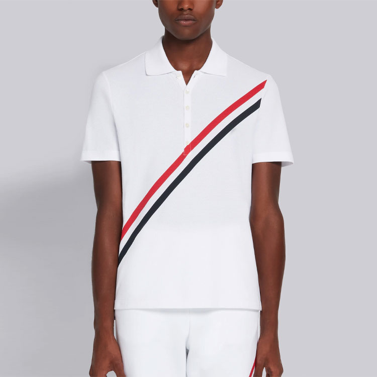 Shop Thom Browne 白色條紋印花短袖POLO衫 MJP121A-00050-100