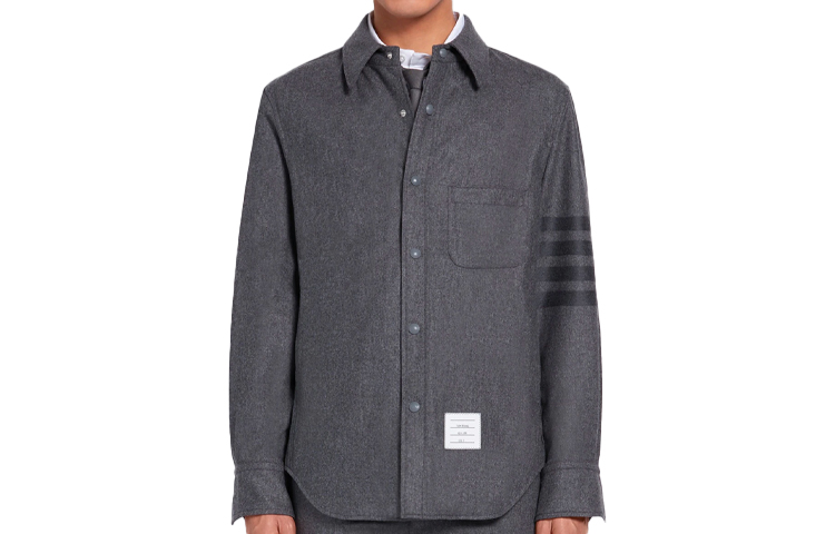 Order Thom Browne Jaket Kemeja Jalur Wool Kelabu Tengah MJO055A-06393-035