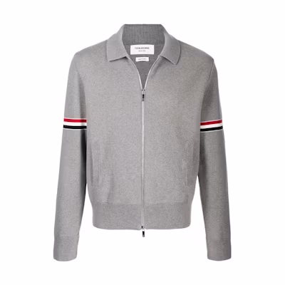 THOM BROWNE SS22 Gray Zip Collar Knit Sweater with Stripe Detail. MKJ076A-Y3007-055