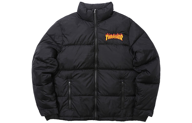 Thrasher Black Puffer Jacket Flame Logo Zip-Up Unisex Winter Korean Style. 144835