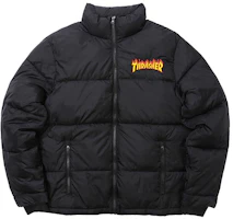 Thrasher Black Puffer Jacket Flame Logo Zip-Up Unisex Winter Korean Style. 144835 Thrasher Black Puffer Jacket Flame Logo Zip-Up Unisex Winter Korean Style. 144835