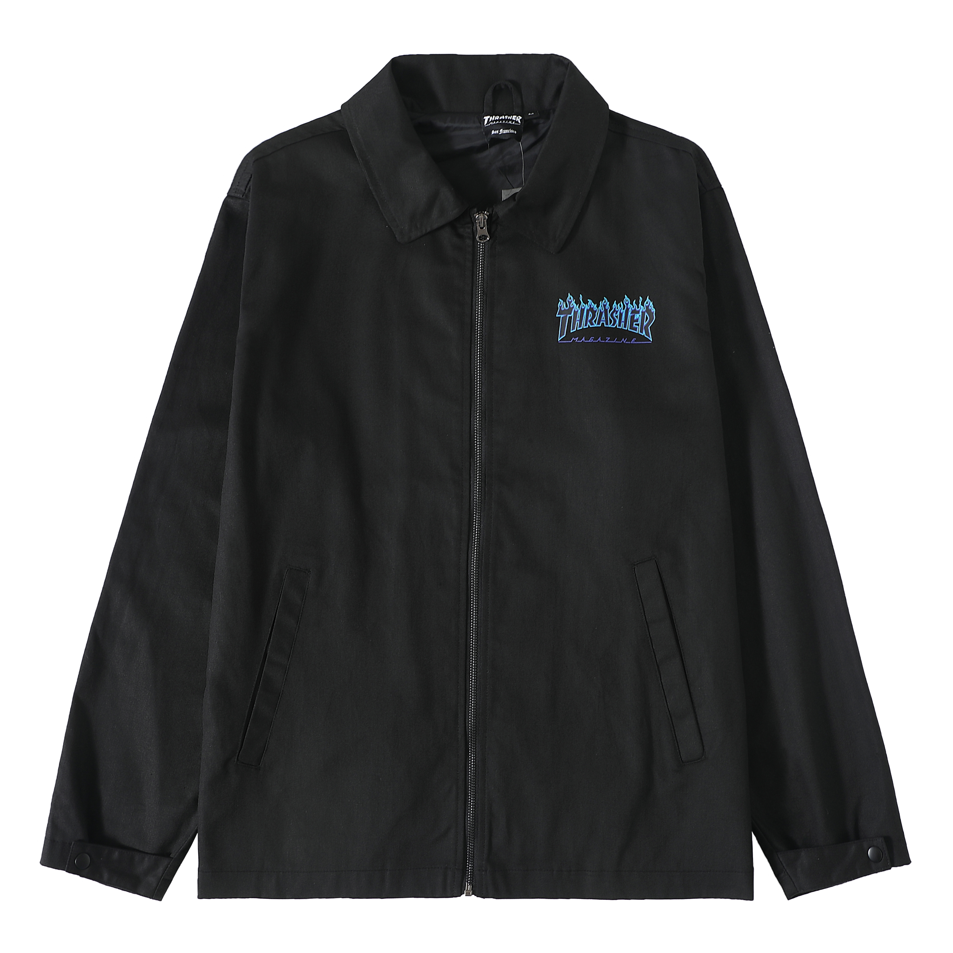 Thrasher Flame Logo Purple Letter Print Black Jacket Unisex Japan Edition. TH0321-3115BLK