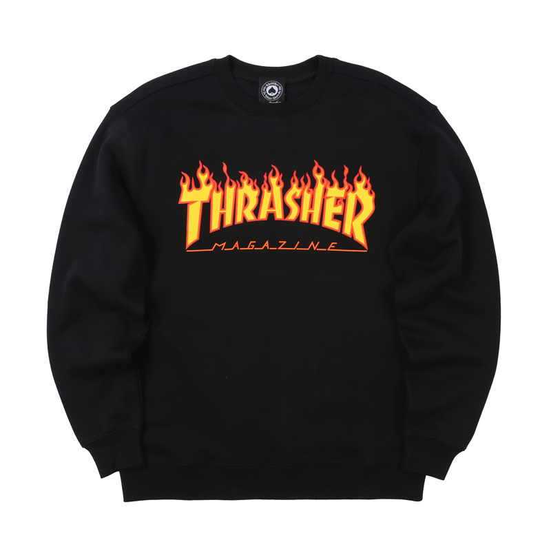Thrasher FW22 Colorblock Flame Logo Print Pullover Sweatshirt Unisex Black. THRAMW01108