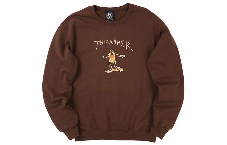 Thrasher Hand-Painted Skateboard Graphic Fleece Crewneck Sweatshirt Chocolate Unisex 144899