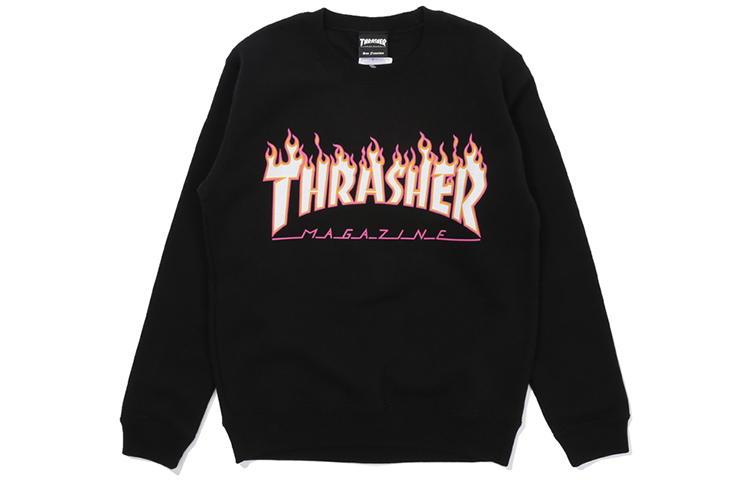 Thrasher Pink Flame Logo Crewneck Sweatshirt Black Japan Unisex Edition. TH94233-BLACK