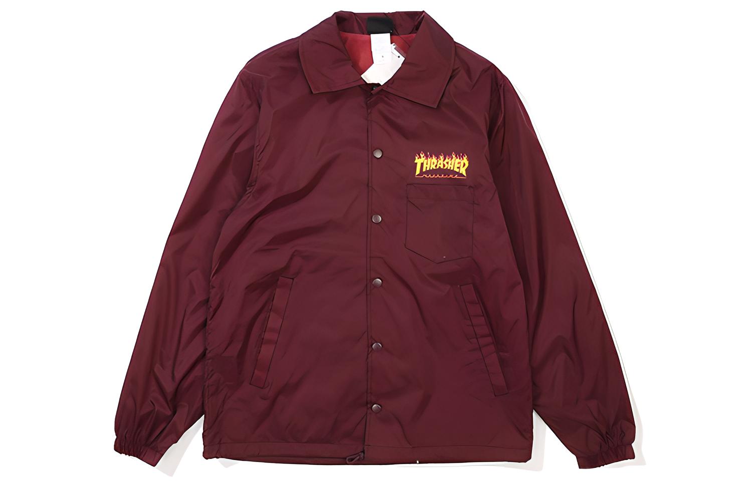 Thrasher Pocket Flame Print Coach Jacket Japan Edition Unisex Maroon. TH0319-CJ02MRN