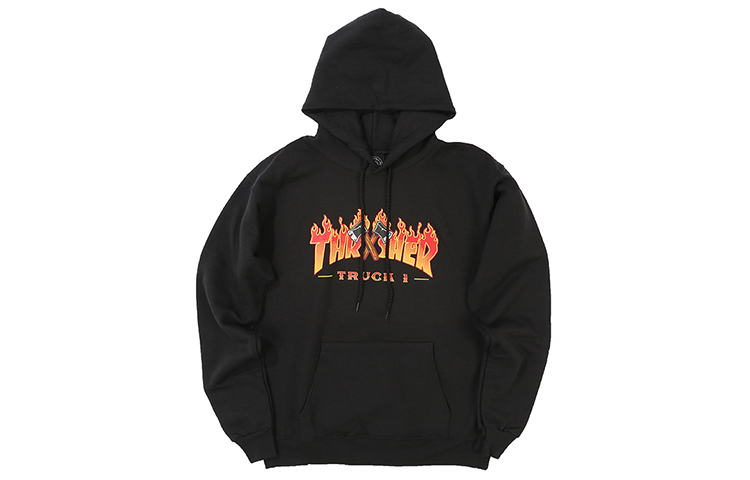 Thrasher Truck1 Flame Logo Graphic Fleece Hoodie Black Unisex Winter US Version 144895