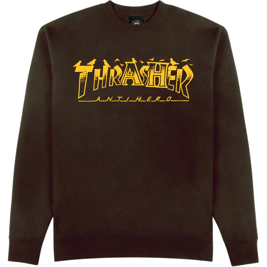 Thrasher x Antihero Flame Logo Crewneck Sweatshirt Black Chocolate Unisex. TRA-SS24-070