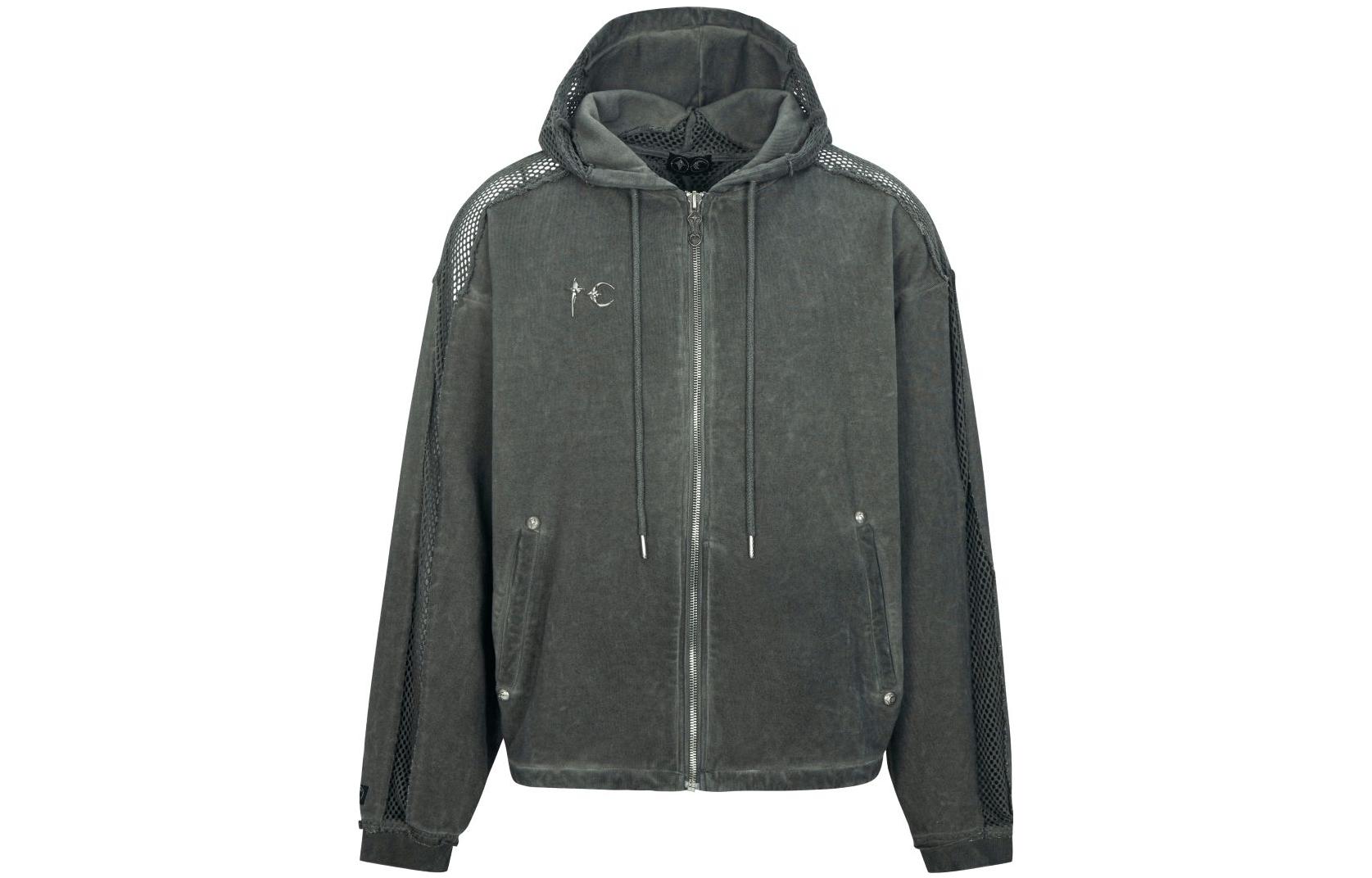 THUG CLUB FW23 Mesh Patchwork Star Moon Logo Zip Hoodie Unisex - Gray Green 1690806520