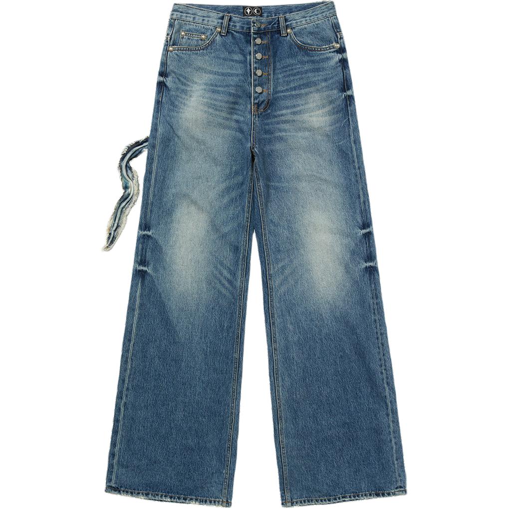 THUG CLUB FW24 Bio Soldier Unisex Blue Washed Straight-Leg Studded Jeans tc24pt2003-l-blu
