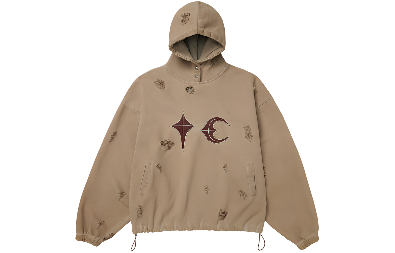 THUG CLUB SS24 Distressed Pullover Hoodie Men Camel Color TC24SS0404