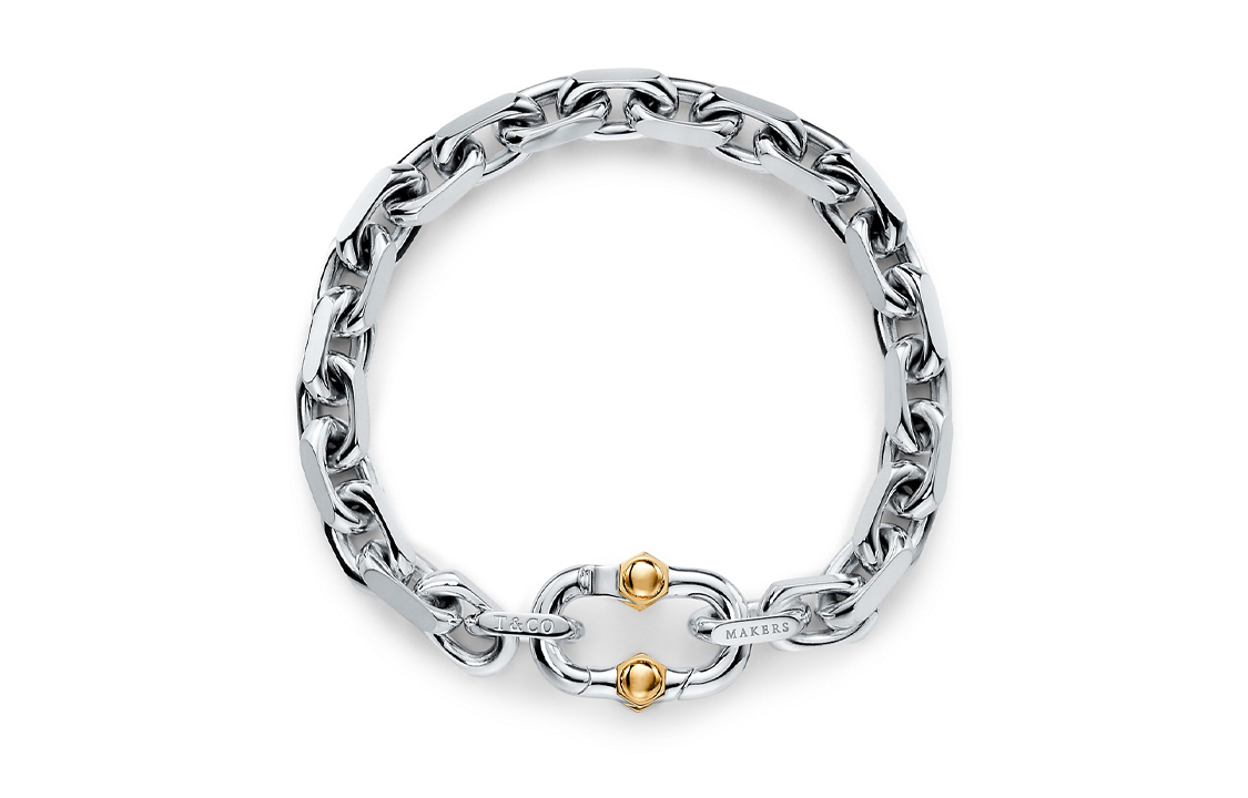 Tiffany & Co. 1837 Makers 18K Gold Wide Chain Bracelet Unisex Silver. GRP11148