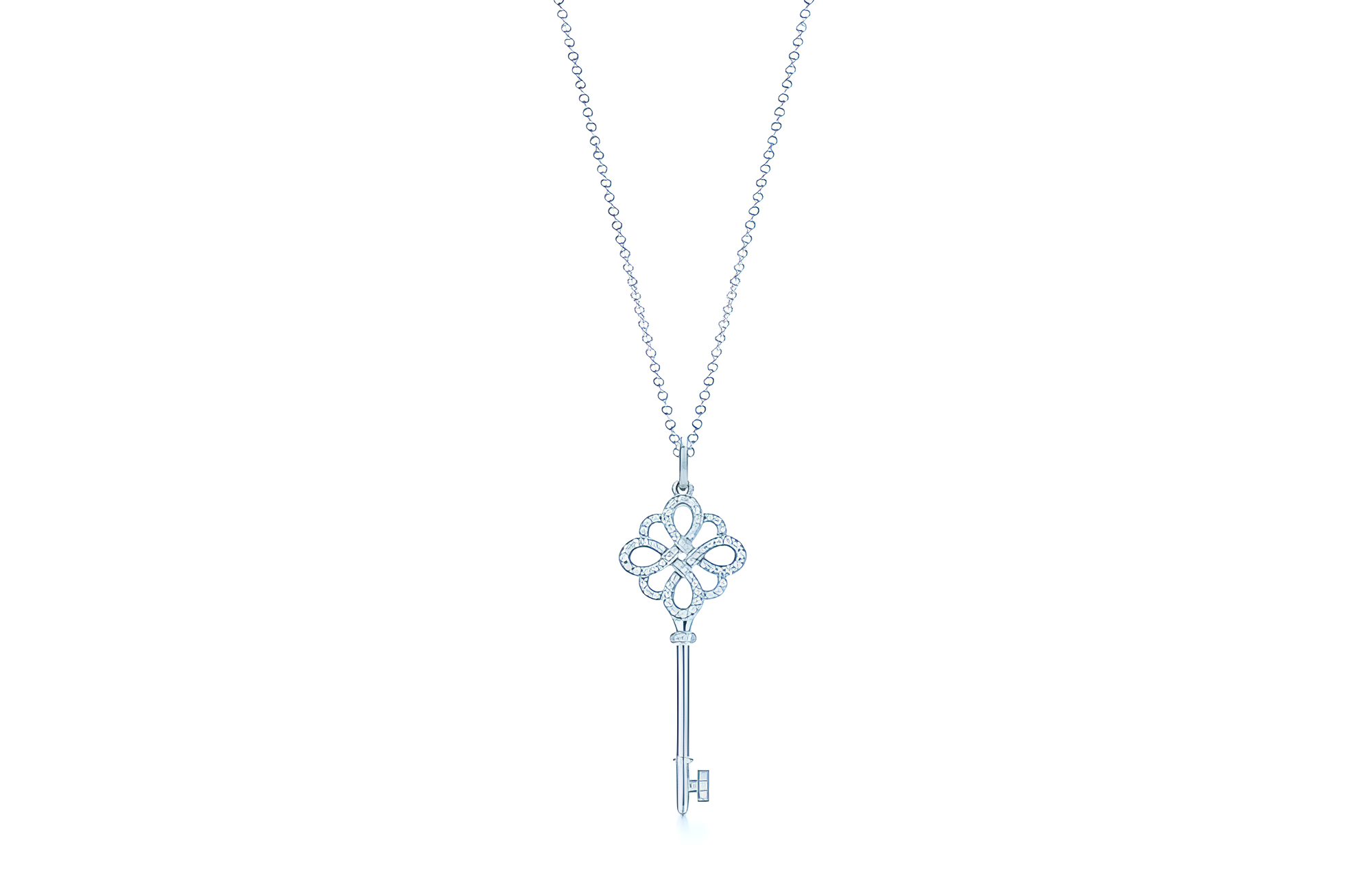 Tiffany & Co. Knot Key Pendant 18K White Gold Diamond Necklace Unisex Silver. GRP05413