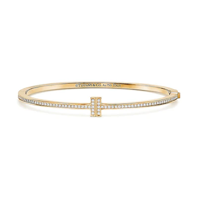 TIFFANY & CO. T Series 18k Gold Diamond Hinged Bangle Unisex Couples Bracelet. GRP10620