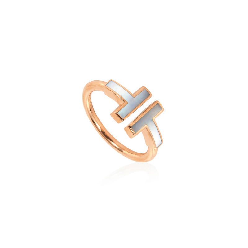 TIFFANY & CO. T Series Mother-of-Pearl 18K Rose Gold Ring Unisex Couple Design GRP11094