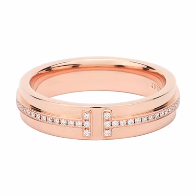 TIFFANY & CO. T Series Narrow 18K Rose Gold Diamond Ring Unisex Couple Style GRP09678