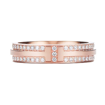 Tiffany & Co. T Series Narrow Diamond Ring 18K Rose Gold Unisex Couples Ring GRP09681