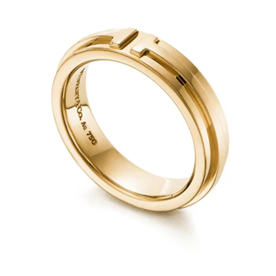 Tiffany & Co. Tiffany T Narrow 18K Gold Logo Engraved Ring Unisex Couple Gold GRP09675