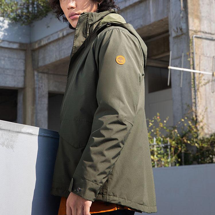 Sizing Timberland 3-in-1 Jaket Hood Boleh Tanggal Logo Hijau Tentera Outdoor. A2FX3-A58