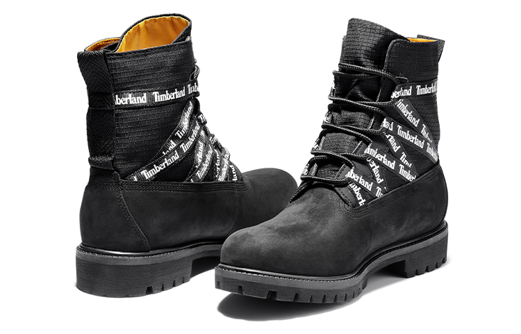 Shop Timberland 6 Inch Premium Stoff und Leder Stiefel ''Schwarze Logo-Bänder'' A2DV4001