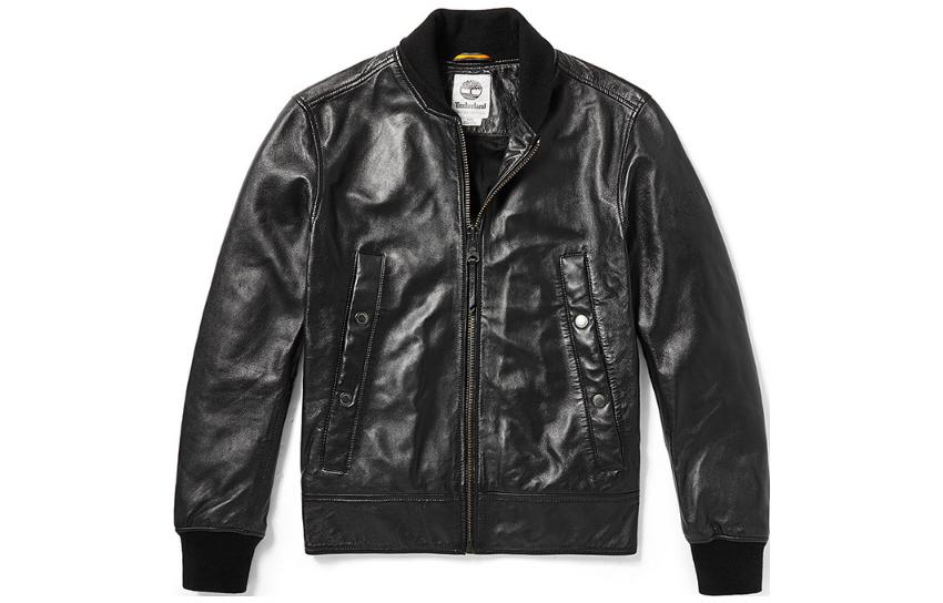 Timberland Black Leather Jacket with Baseball Collar and Zipper A2EHP-001