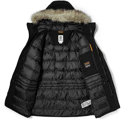 Timberland Black Mid-Length Hooded Winter Jacket with Fur Trim. A2ETY-001 Shop Timberland Black Mid-Length Hooded Winter Jacket with Fur Trim. A2ETY-001