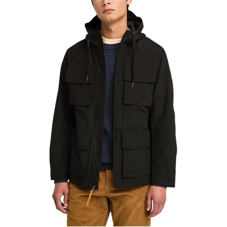Shop Timberland Jaket Hitam Outdoor dengan Hoodie dan Banyak Kantong A5MCM-001