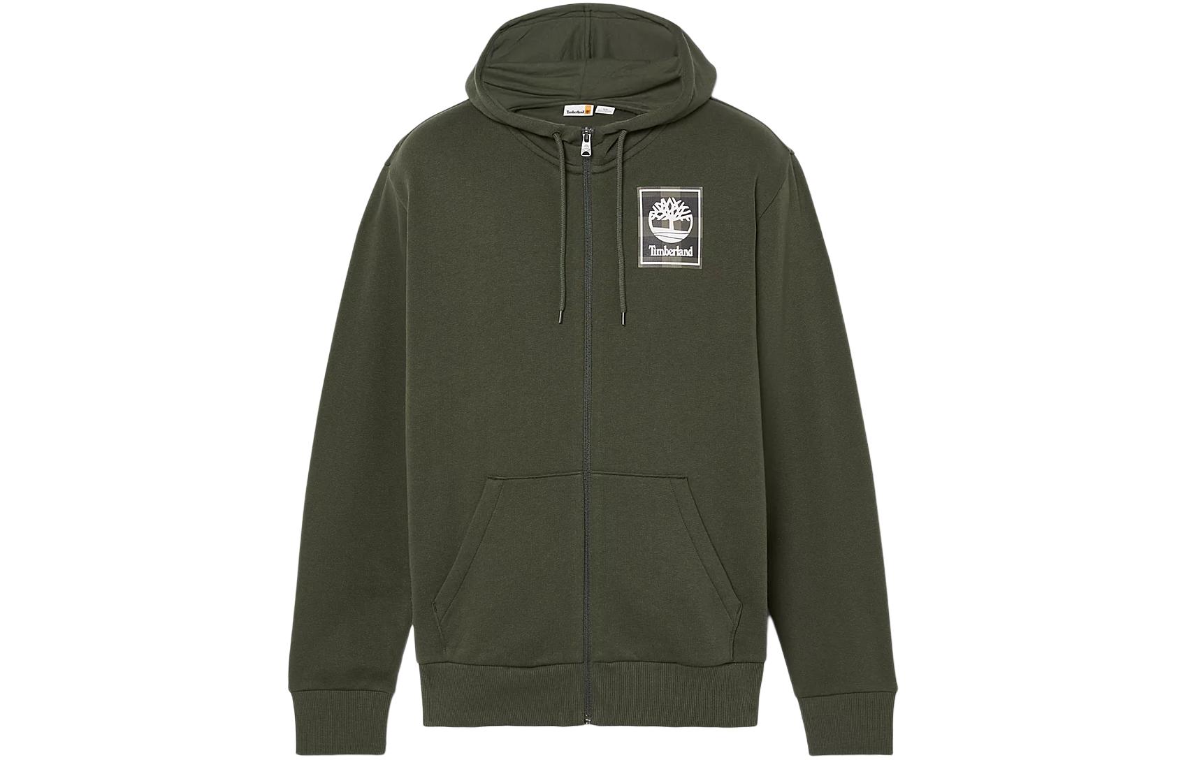 Timberland Buffalo Plaid Logo Hoodie Green Warm Zip-Up Cardigan A6H19-U31