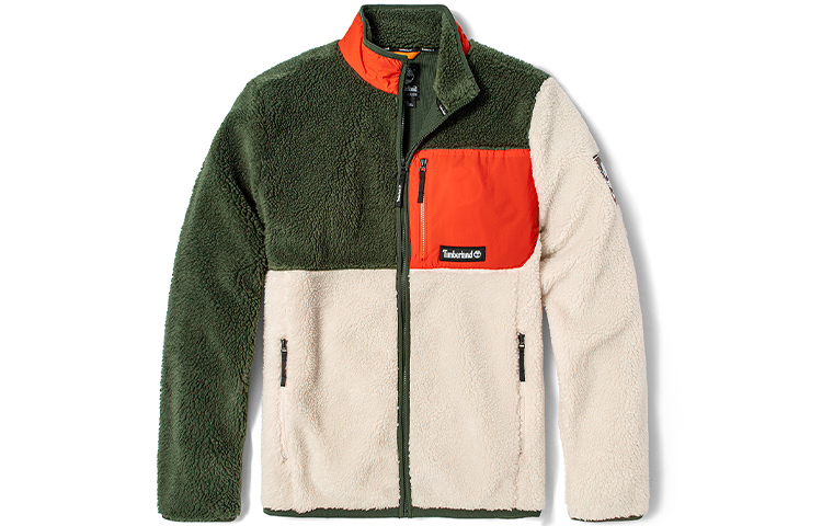 Timberland FW21 Fleece Colorblock Logo Jacket with Chest Zipper Pocket - White A2AXT-CT8