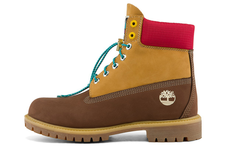 Timberland PRM 6 Inch Waterproof Wide Fit Boots 'Brown Nubuck with Yellow and Red Collar'