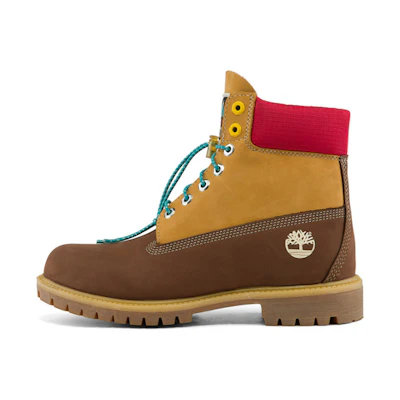 Timberland PRM 6 Inch Waterproof Wide Fit Boots 'Brown Nubuck with Yellow and Red Collar'