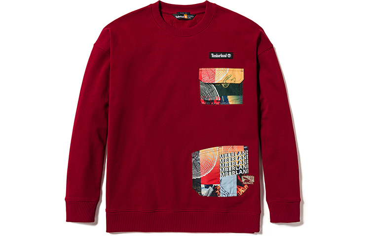 Timberland Pattern Patchwork Loose Crewneck Sweatshirt Bike Red Unisex A6B5C-620