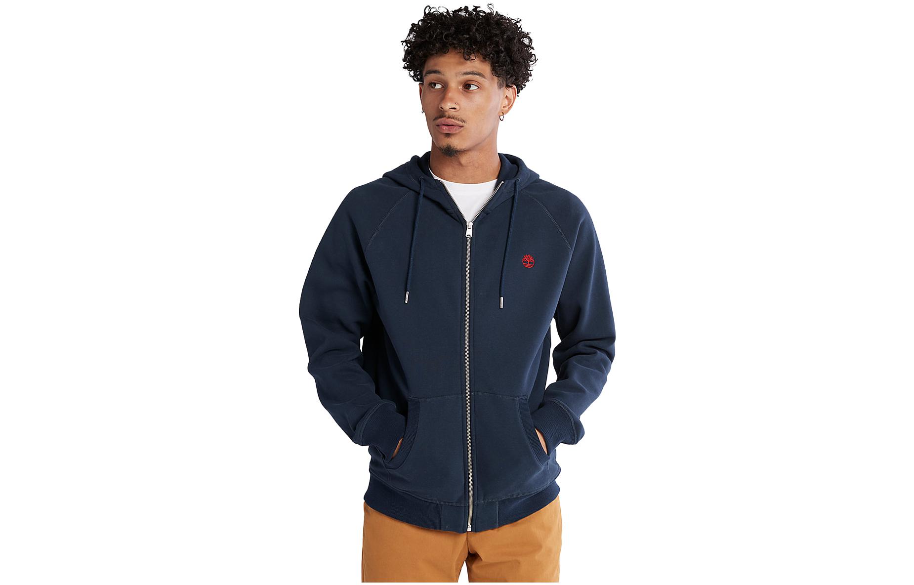 Timberland Solid Logo Fleece Hoodie Jacket in Navy Blue A2BNB-433