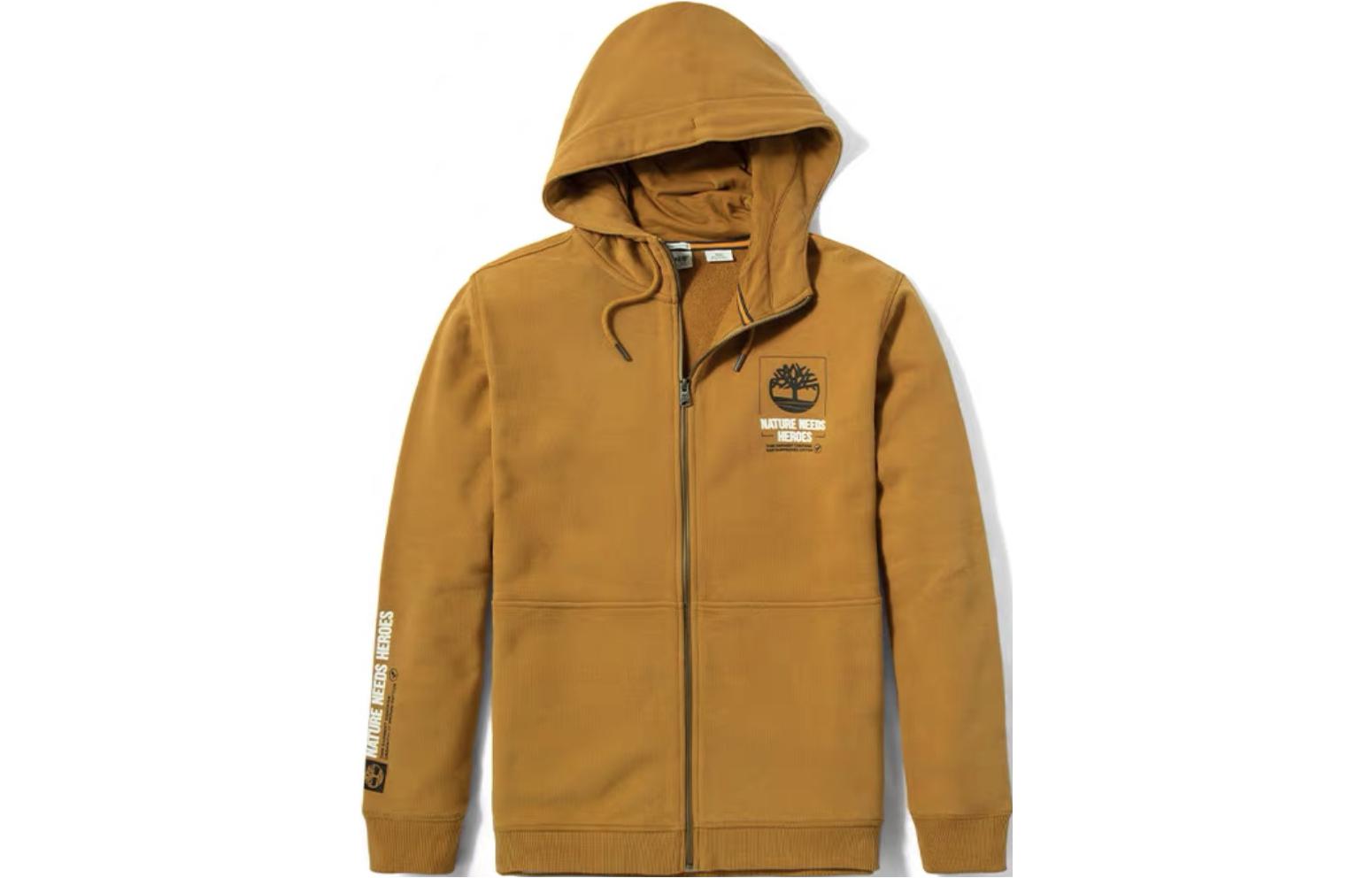 Timberland Solid Logo Print Drawstring Zip Hoodie Tan A24NN-P47