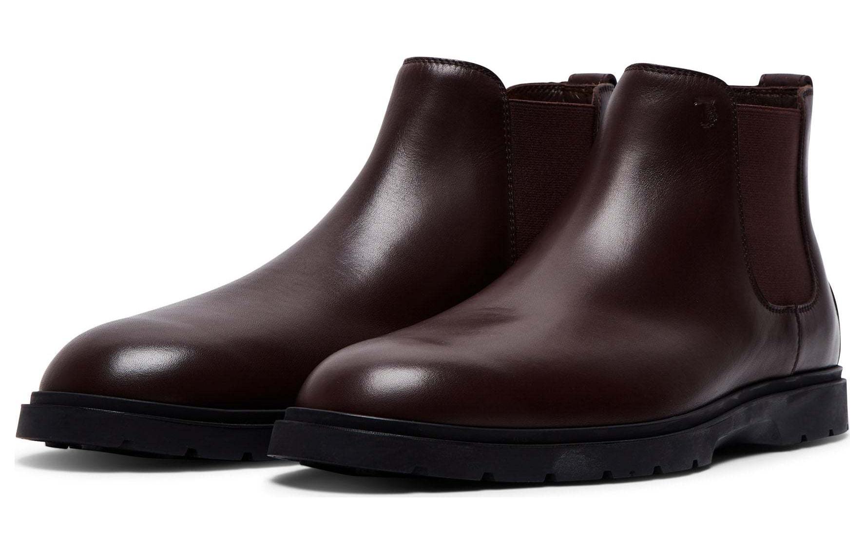 Shop TOD'S 托德斯 皮革 圓頭套穿 短筒 切爾西靴 3公分 男款 咖啡色