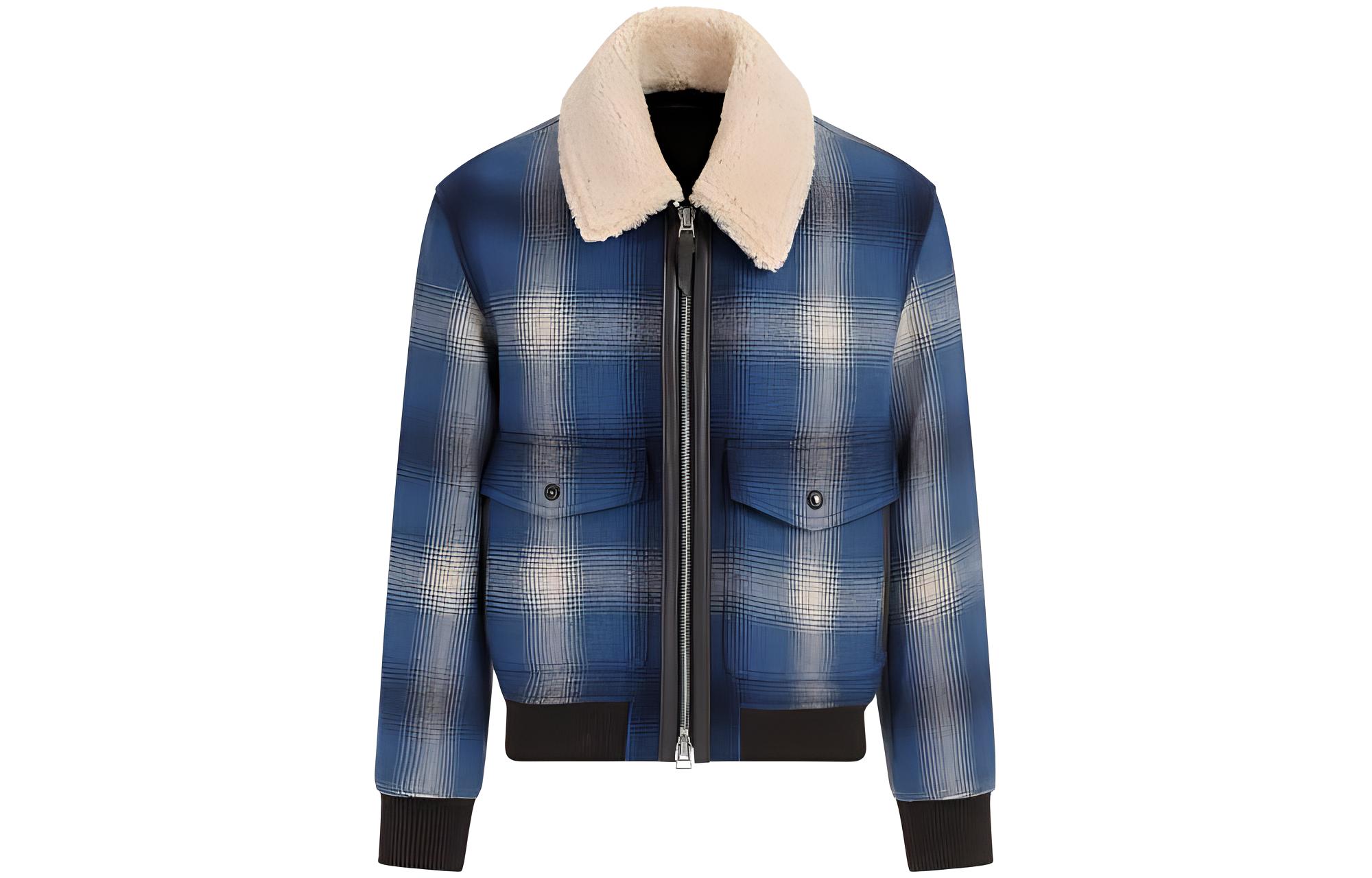 TOM FORD FW23 Check Plaid Shearling Collar Jacket - Blue Zipper Blouson OBH002FMW010F23
