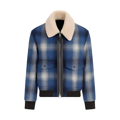 TOM FORD FW23 Check Plaid Shearling Collar Jacket - Blue Zipper Blouson OBH002FMW010F23
