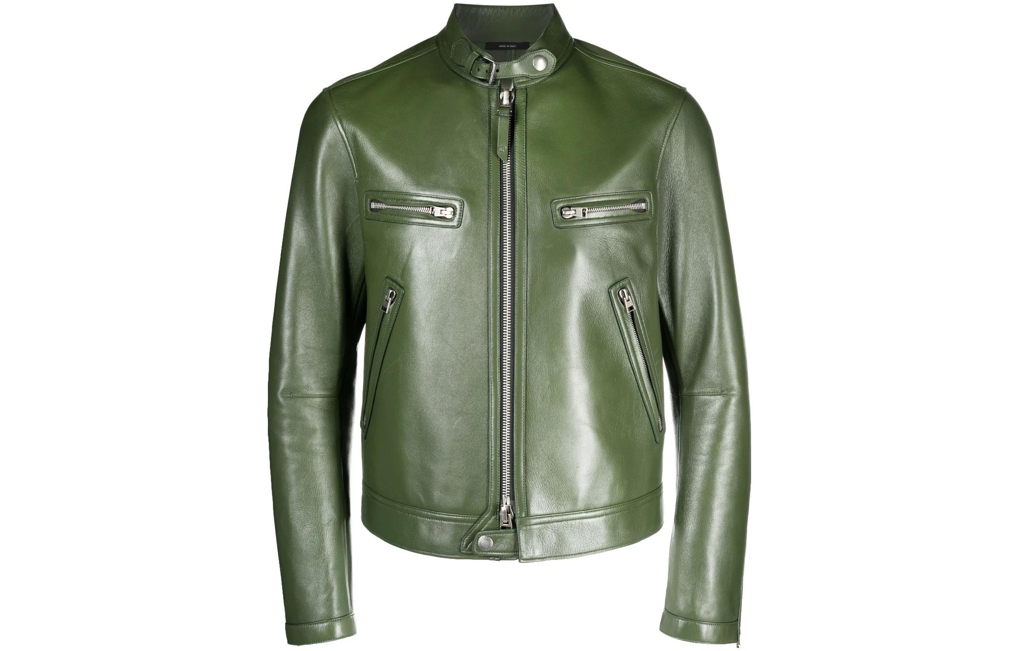 TOM FORD Solid Color Leather Zip-Up Long-Sleeve Jacket Green - LXR005LMN003S23-FG850